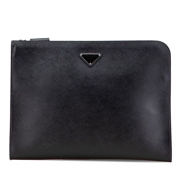 Prada Triangle Logo Plate Leather Clutch Bag - Picture 1 of 10